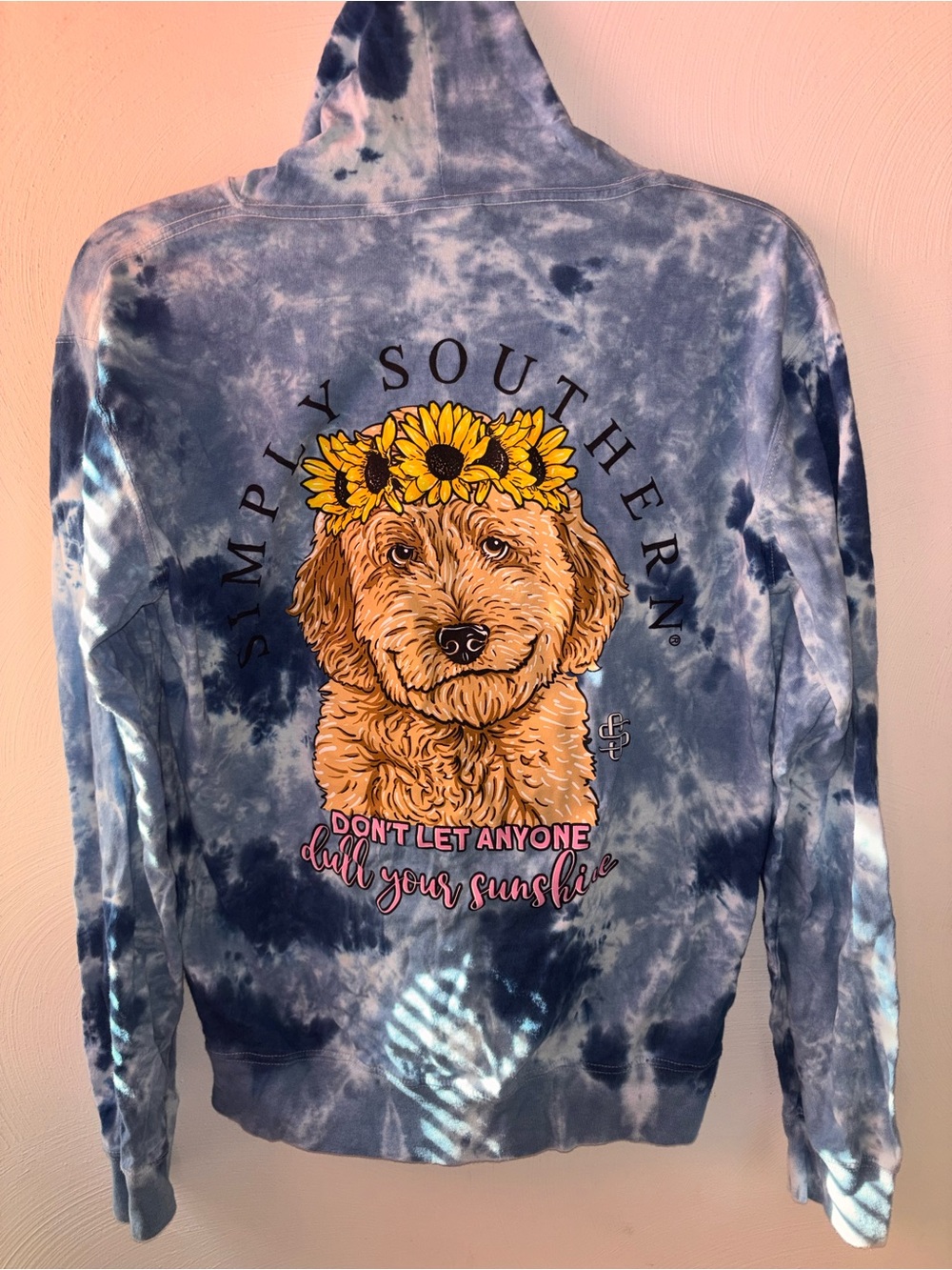 Simply Southern Blue Tie-Dye Dog Hoodie with Sunflower Pup size small